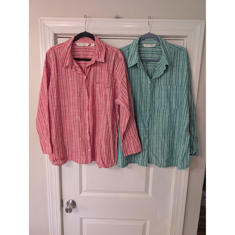 Beautiful Lawrence Zarian Cotton Striped Button Down Shirt Pink Green‎ lot 2 XL